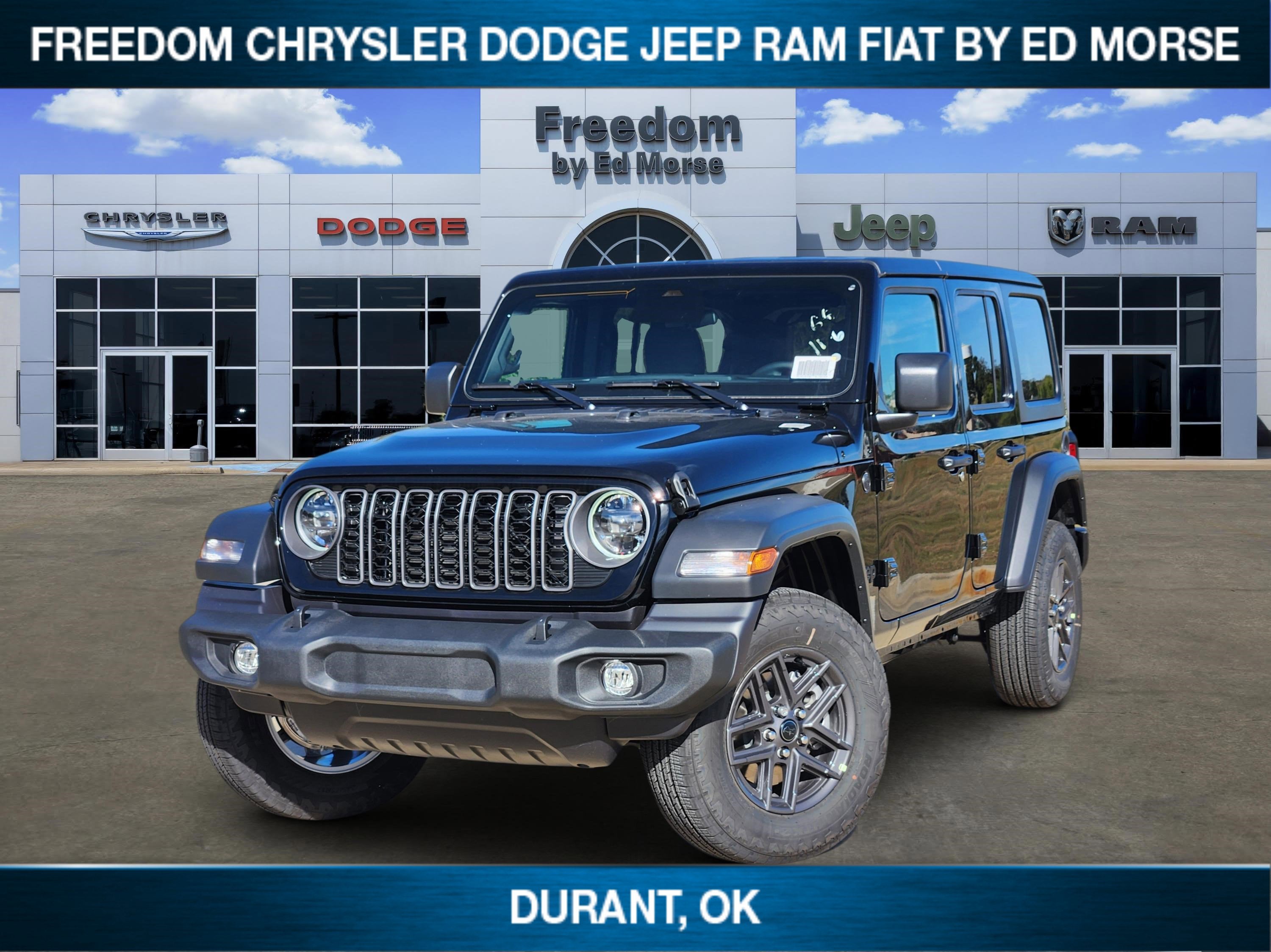 2026 Jeep Wrangler Sport S in Black Clear-Coat Exterior Paint — front three-quarter view